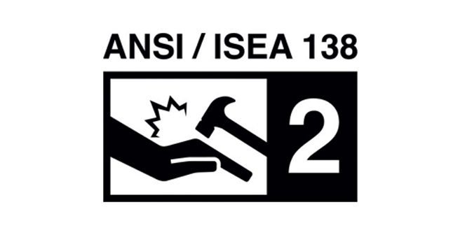 pictogram of ANSI/ISEA 138 showing a hammer hitting a hand signifying impact injury